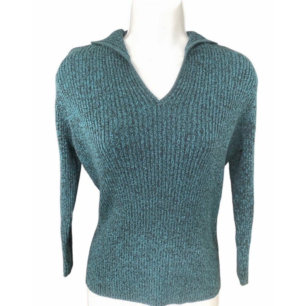 Vintage Y2K Ribbed Knit Collared Sweater M Marled Teal V-neck Pullover 90s